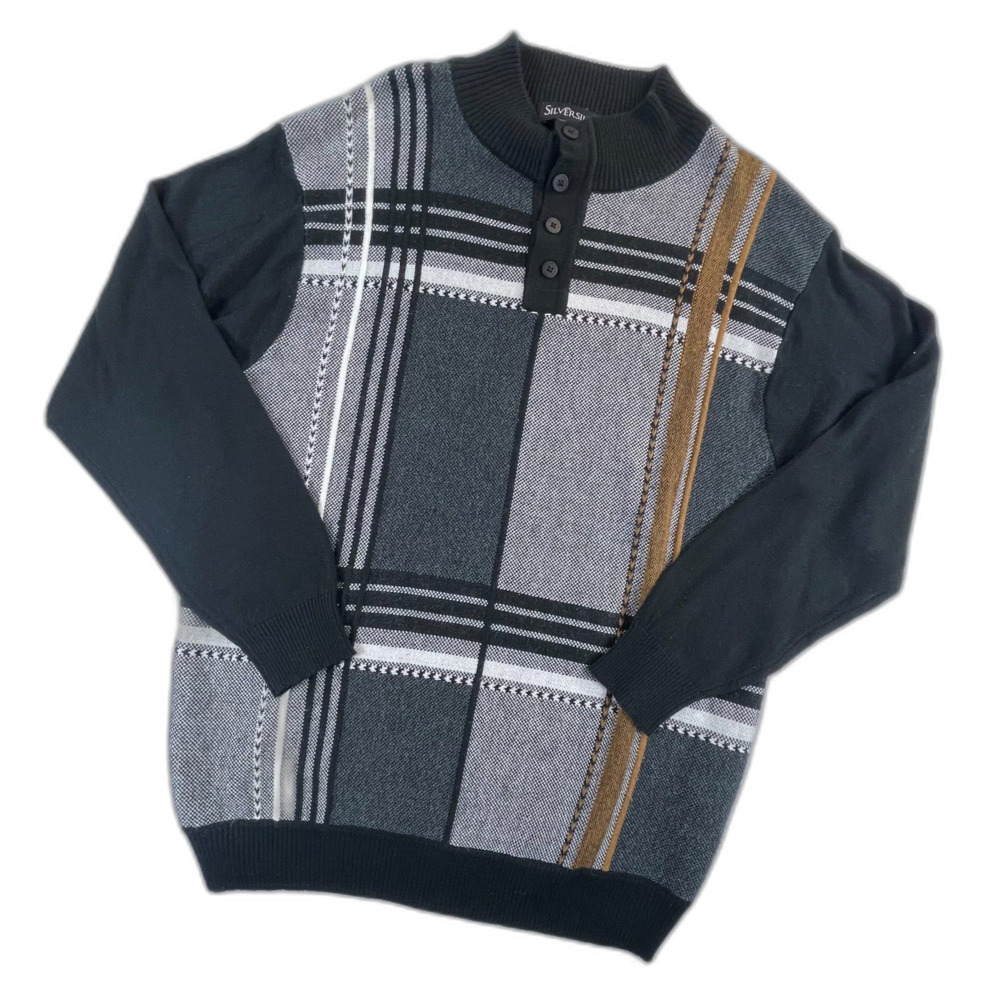 Silversilk 90s Retro Style Multi Pattern Knit Mock Neck Sweater XL Black Grandpa